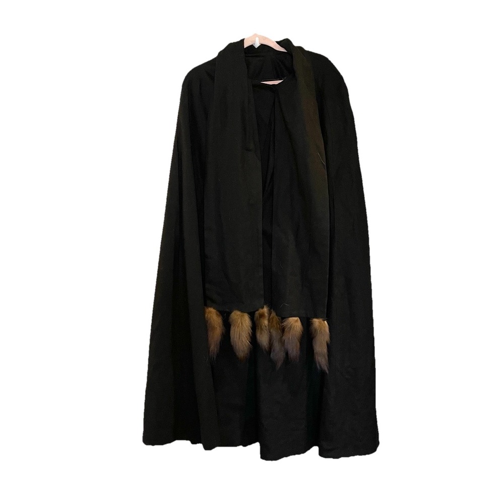 Vtg Wellington Fashions Black‎ Merino Wool Drape Coat Cape Fur Trim Featherlite